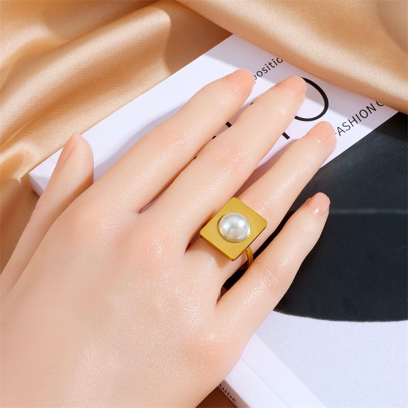 Gold Plated Stainless Steel Square Pearl Open Statement Ring for Women