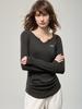 Soft and Stylish V-Neck Long-Sleeve Women's T-Shirt with Pleats - 2025 Autumn Collection