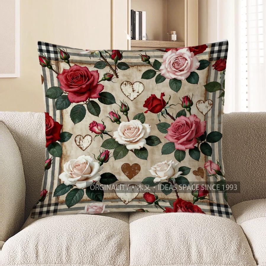 2D Floral Hearts Pattern Throw Pillow Covers Pattern Cushion Cover Suitable For Sofa Bedroom Car Pillow Cover