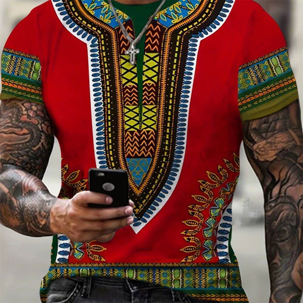 Retro Pattern 3D Printed Men's T-shirt Short Sleeved Slim Fit Spring Fashion