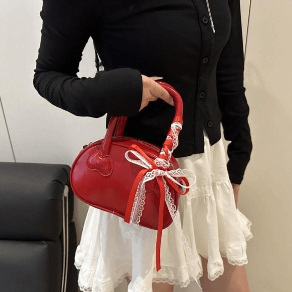 Korean Bow Crossbody Bag Pu Leather Commute Handbag Trendy Lace Ribbons Boston Bag Women