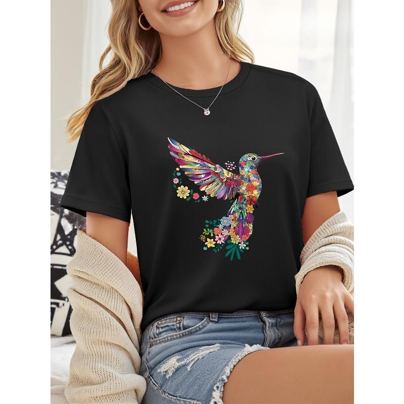 

European Size Floral Bird Print Round Neck Short Sleeve 4XL