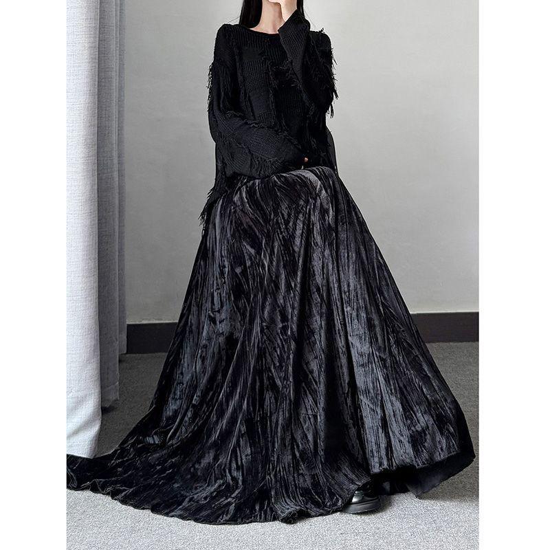 Autumn-Winter Velvet High-Waist Long Skirt - Women's Chinese Style Umbrella Design