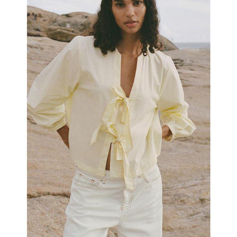 Spring New Women's Clothing Contrast Color Seized Line Bowknot Decoration Poplin Shirt Tops 0387058 2298085
