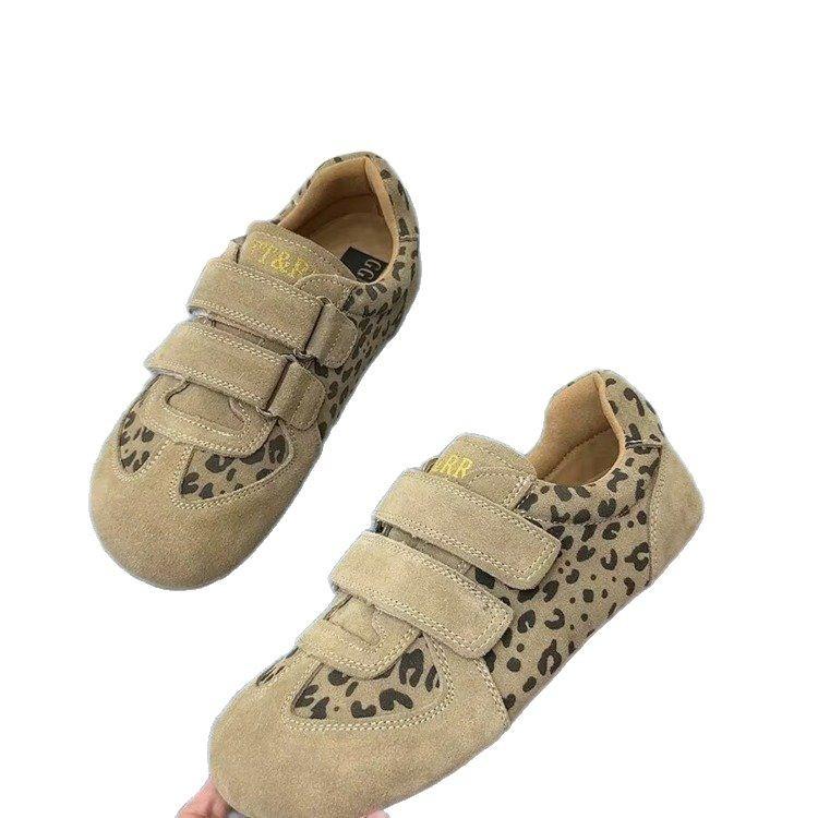 Leopard print German training shoes women's big head retro single shoes 2025 spring new Velcro matte leather casual board shoes