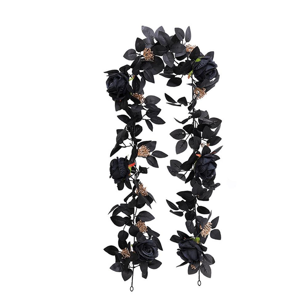 Black Artificial Rose Vines 175cm Halloween Garland Halloween Rose Leaf Vines  Table Centerpiece