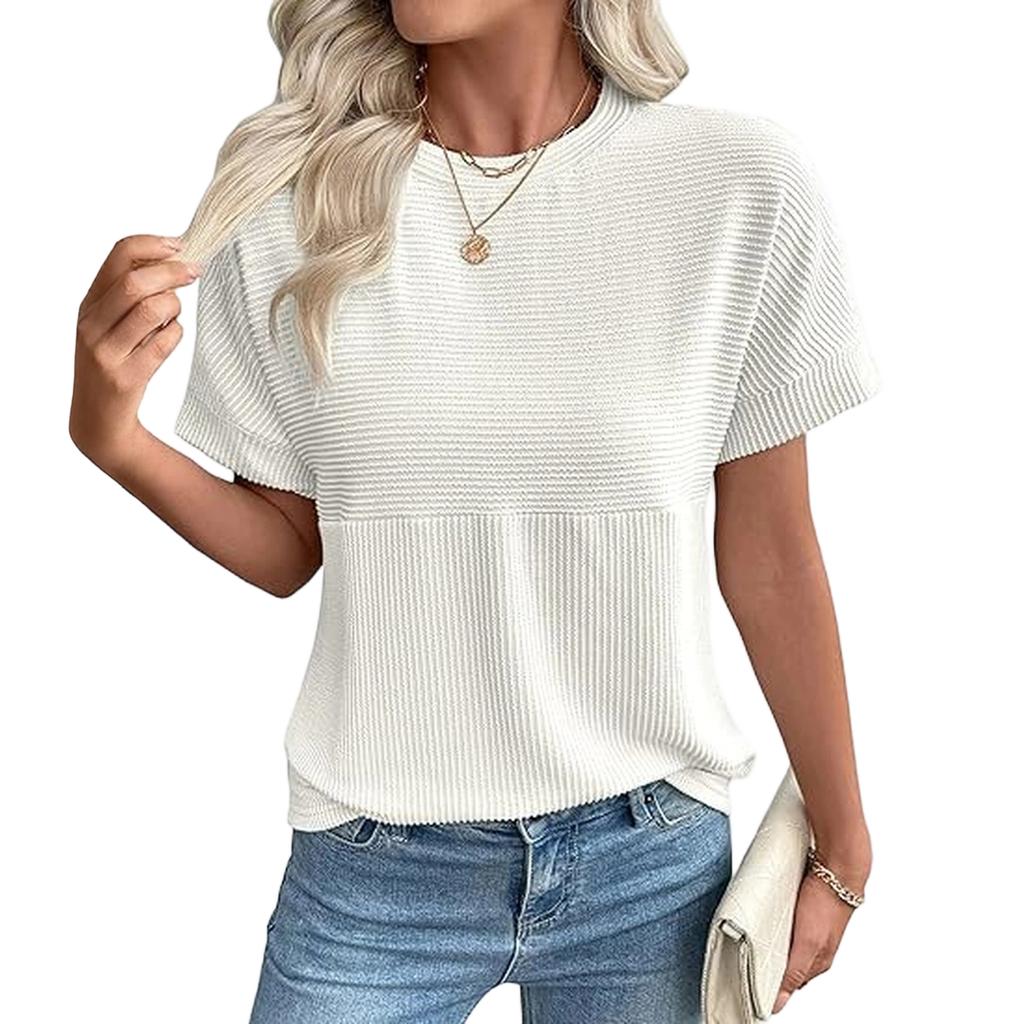 Women's Fashionable Casual Round Neck Ribbed Short-sleeved Top