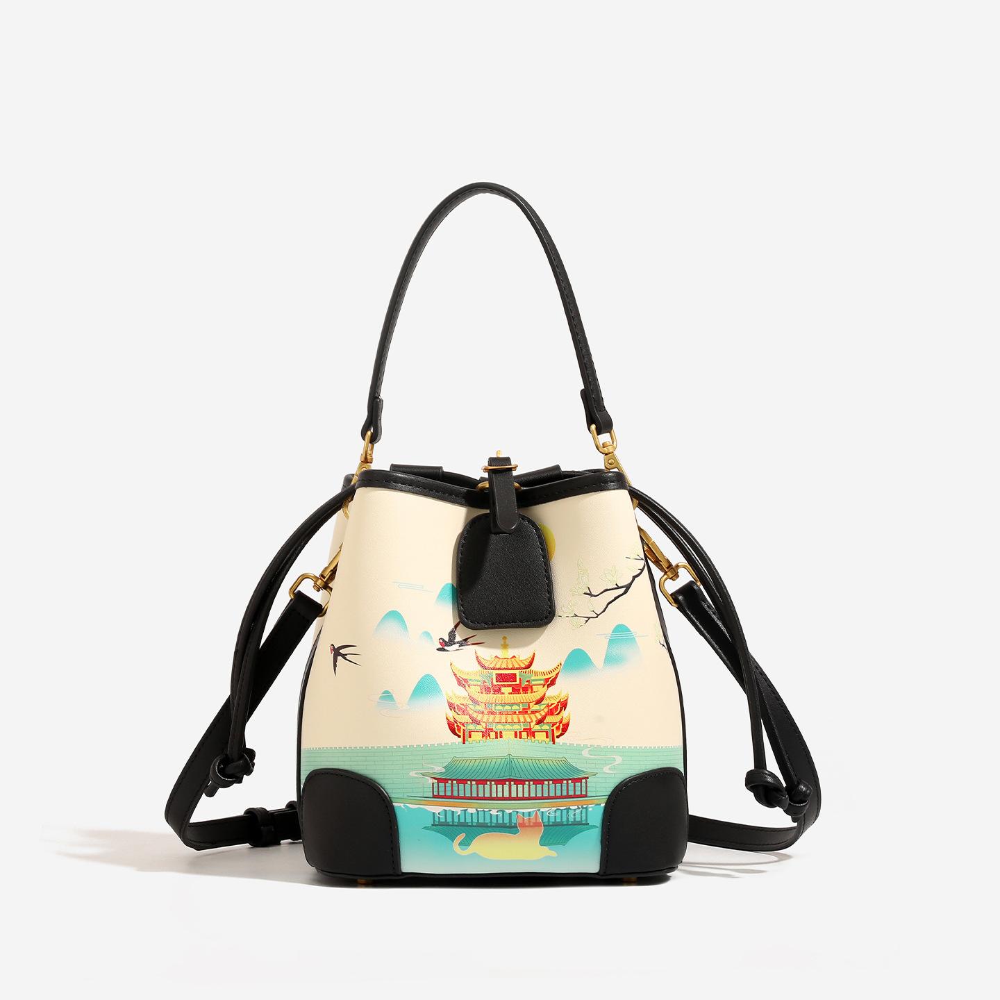 Niche High-end Ink Wash Chinese Feng Shui Bucket Bag, Small, Fresh, Versatile Commuting Shoulder Bag, Crossbody Bag 20x12.5x20cm