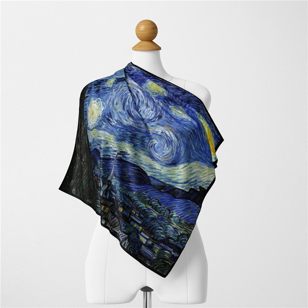 POBING Twill Silk Scarf Woman Van Gogh Print Square Scarves Wraps Bandana Small Hijabs Foulards Tie Headband Neckerchief 53CM
