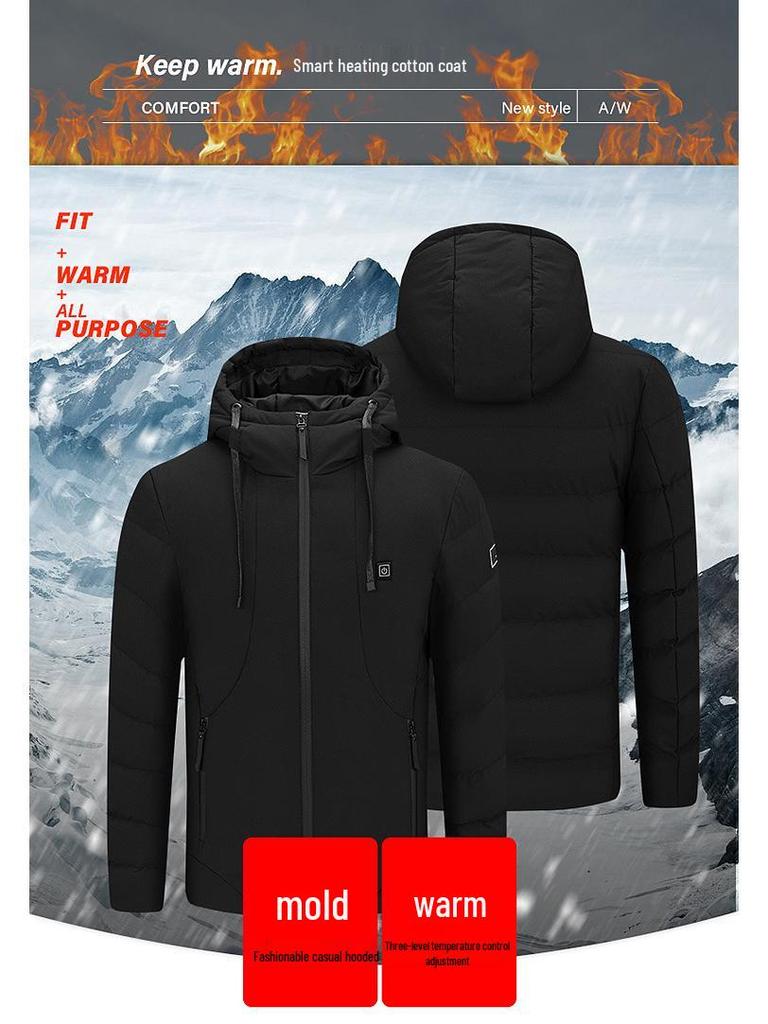 Men's USB Heated Slim Fit Cotton Jacket, Korean Style, Hooded, Zone 5 Smart Heating, Padded, Warm Outerwear.