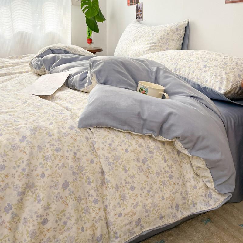 Soft Cotton Double Gauze Bedding Set 4PCS Small Fresh Floral Print Twin Queen King Beds