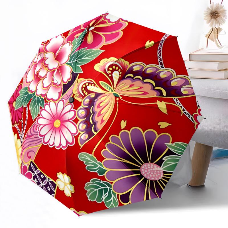 1pc Floral Harmony In Red Portable Automatic Umbrella Elegant Collapsible Folding Umbrella with 8 Ribs Durable Plastic Iron Perfect Birthday Gift Y12