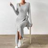 2024 Autumn/Winter Gray Knitted Irregular Long Dress for Women - European & American Fashion