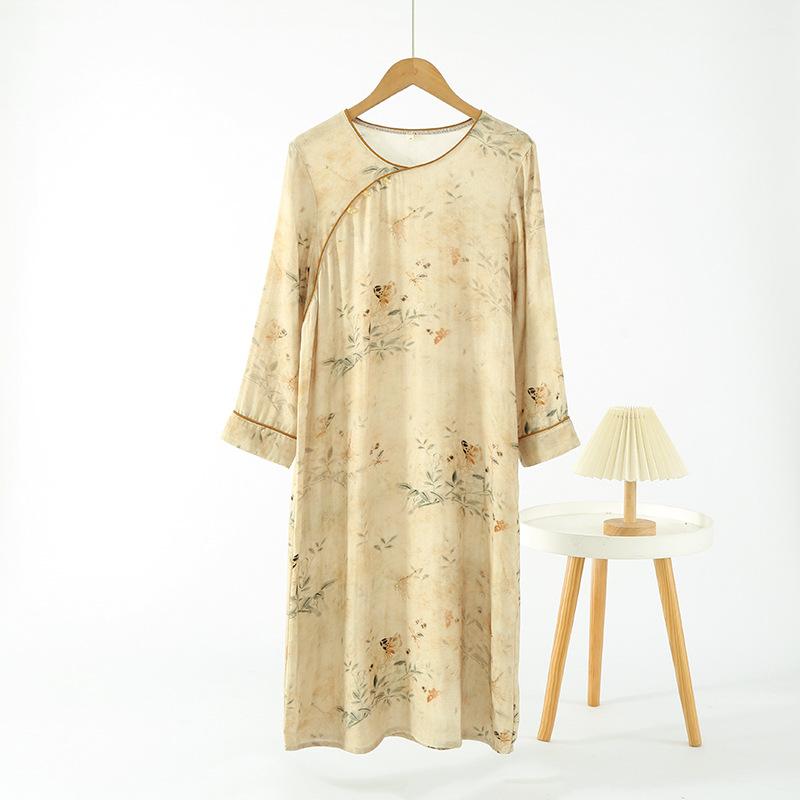 Women's Long-sleeved Chinese National Style Cotton Nightgowns for Women Spring / Summer Thin Bamboo Cotton Double-layer Gauze Nightdress