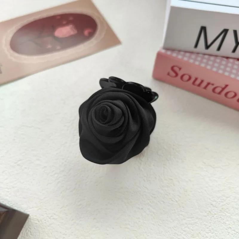 French Big Rose Flower Hair Claw Clips for Women Girls Vintage Satin Solid Fabric Handmade Shark Hairgrip Accessories New