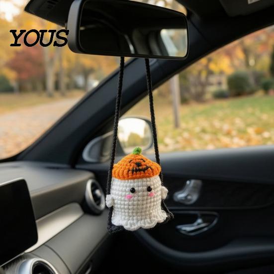Handmade Aesthetic Car Decor Cute Crochet Ghost Ornaments, Mini Knitted Doll, Hanging Accessory Decorative Rearview Mirror for Auto Interior