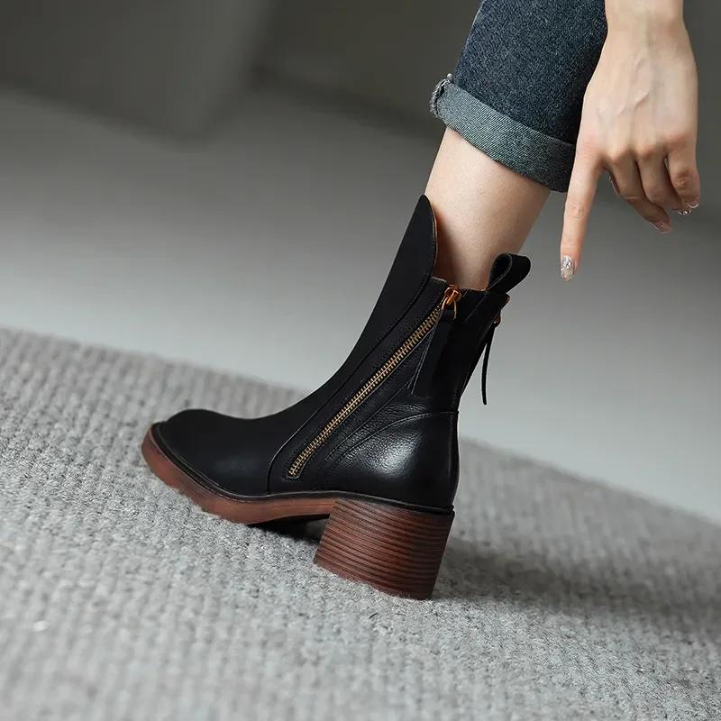 Women's Boots Autumn Leather Short Boots for Women Round Toe Chunky Heel Retro Brown Female Zipper Ankle Boots Botas Mujer