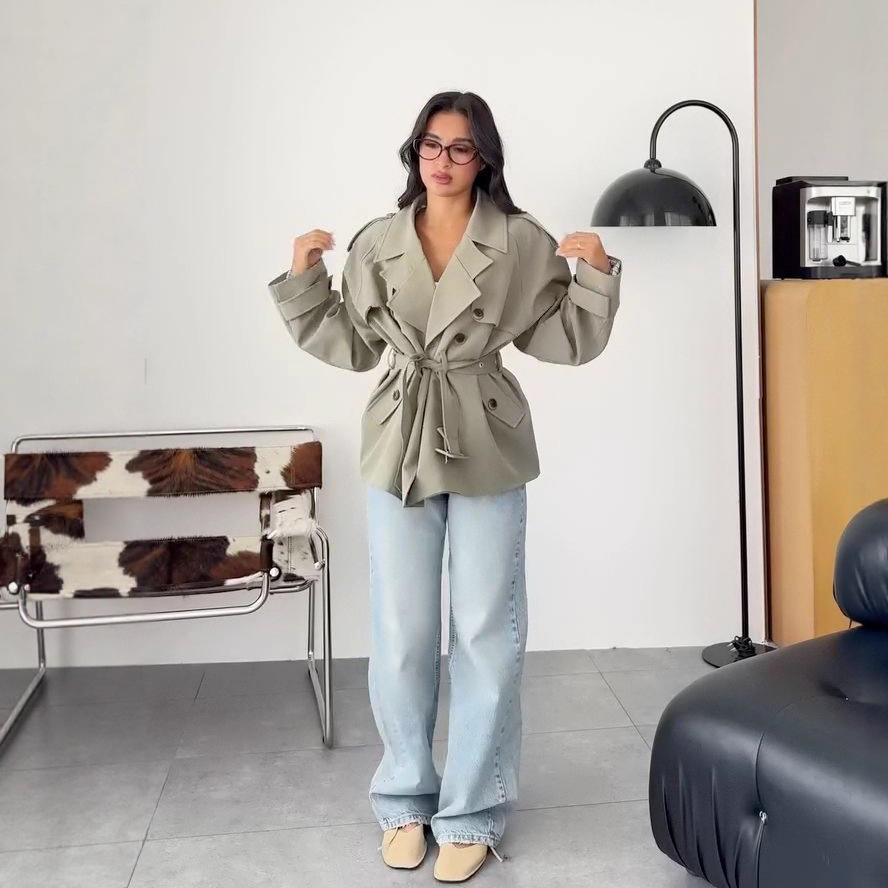 2025 cross-border European and American women's clothing Amazon V-neck long-sleeved button-down workplace casual pants trench coat fashion suit