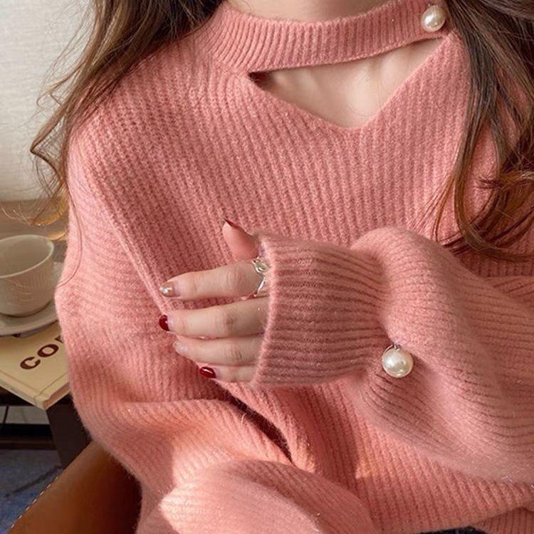 Women's Designer Loose V-Neck Pink Knitted Sweater for Autumn/Winter 2024