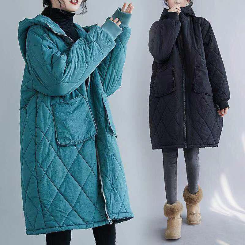 Women's Plaid Hooded Cotton Jacket, Winter Wear, Mid-Length, Thick Pocketed Zipper Coat, Plus Size.