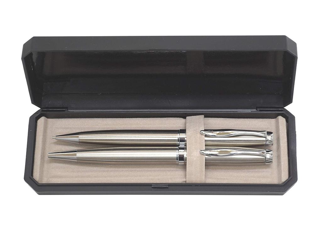 Takizawa Elegant Silver Rotating Ballpoint Pen and Mechanical Pencil Set in a Luxury Stainless Steel Rotating Ballpoint Pen and Mechanical Pencil