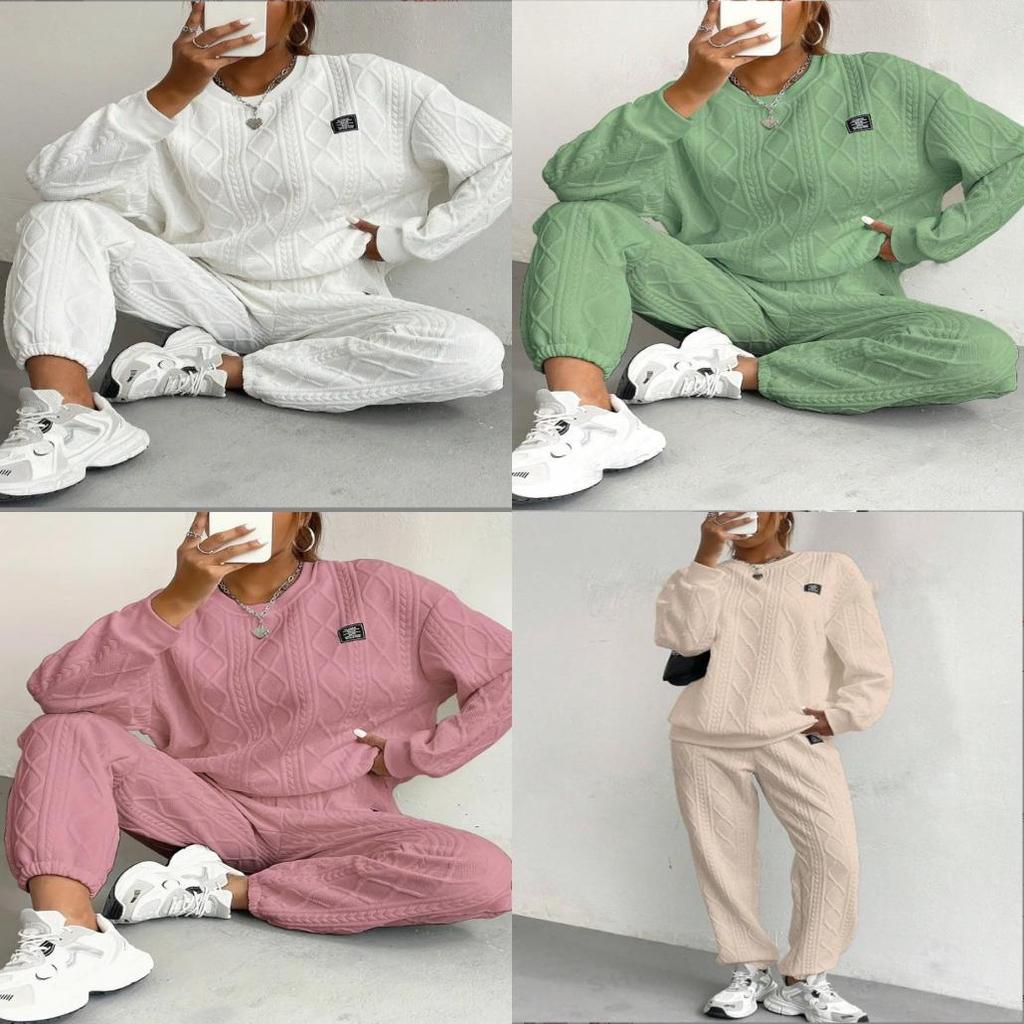 Autumn Winter Trendy Geometric Pattern Knit Pantsuit For Women Casual Lounge Wear