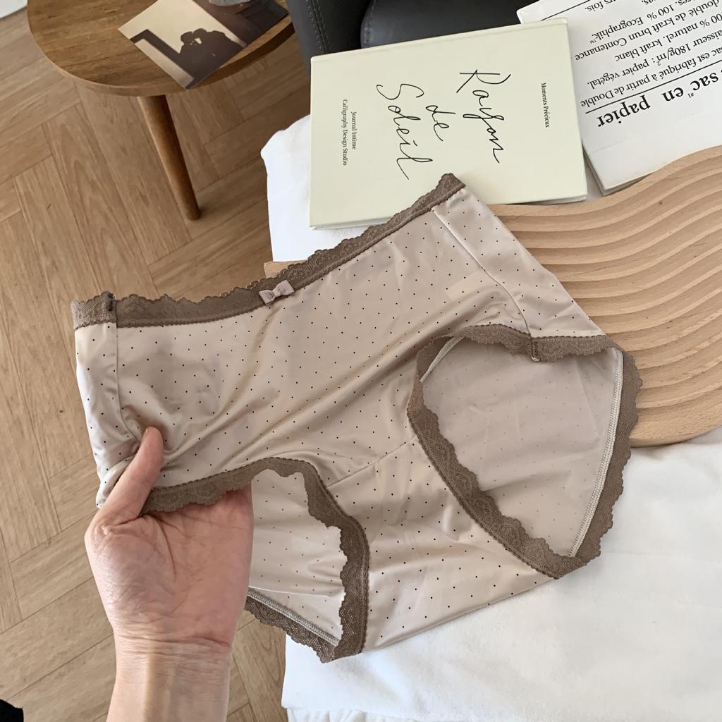Female Spring and Summer Retro Polka Dot Ice Silk Lace Edge 10A Antibacterial Briefs
