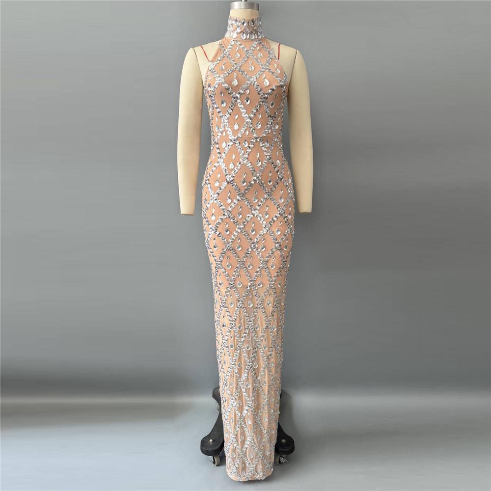 

European & American Rhinestone Sequin High Neck Halter Sleeveless Floor-Length Evening Gown Extra Large абрикосовий