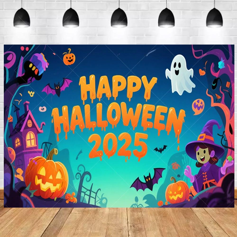 1pc Cute Happy Halloween Party Backdrop Night Moon Ghost Castle Pumpkin Washable Banner for Halloween Themed Party Decoration