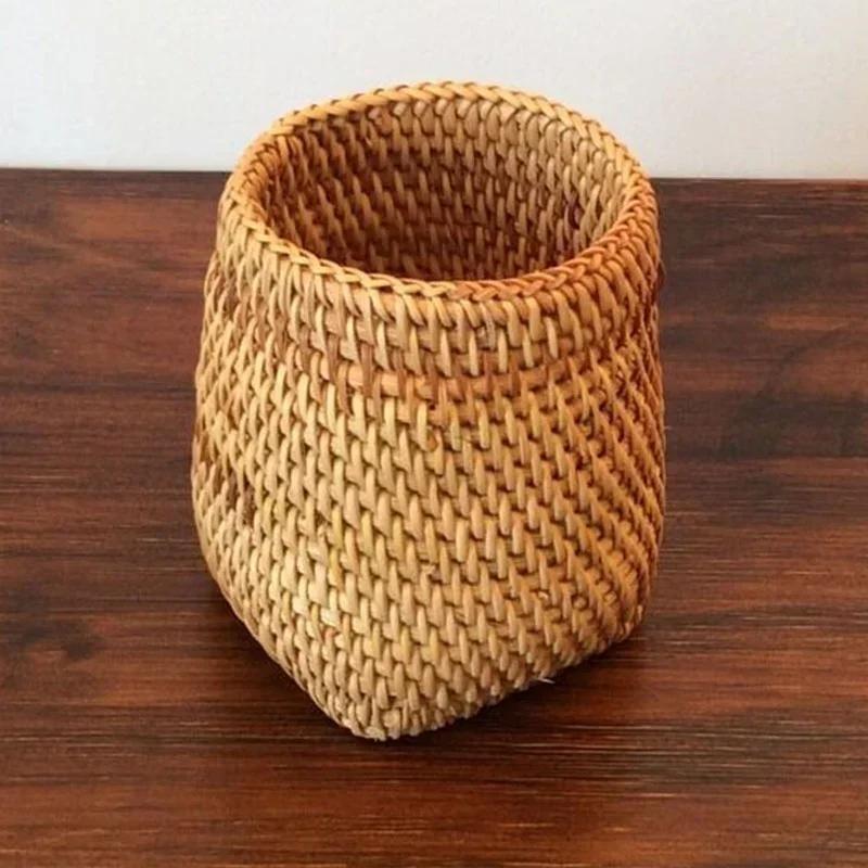 Handmade Pen Holder Hand Woven Wood Vine Rattan Stationery Container Storage Box Organizer Office School Desk Accessories Decor