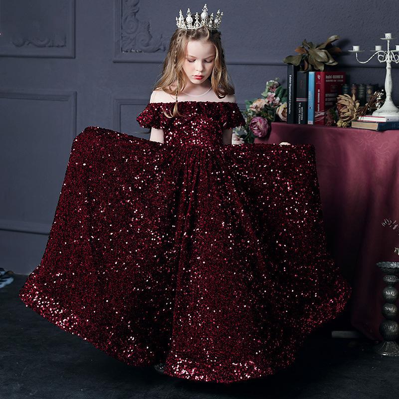 Girl s Western Style Evening Dress Flower Girl Sequined Catwalk Host Piano Performance Princess 100cm