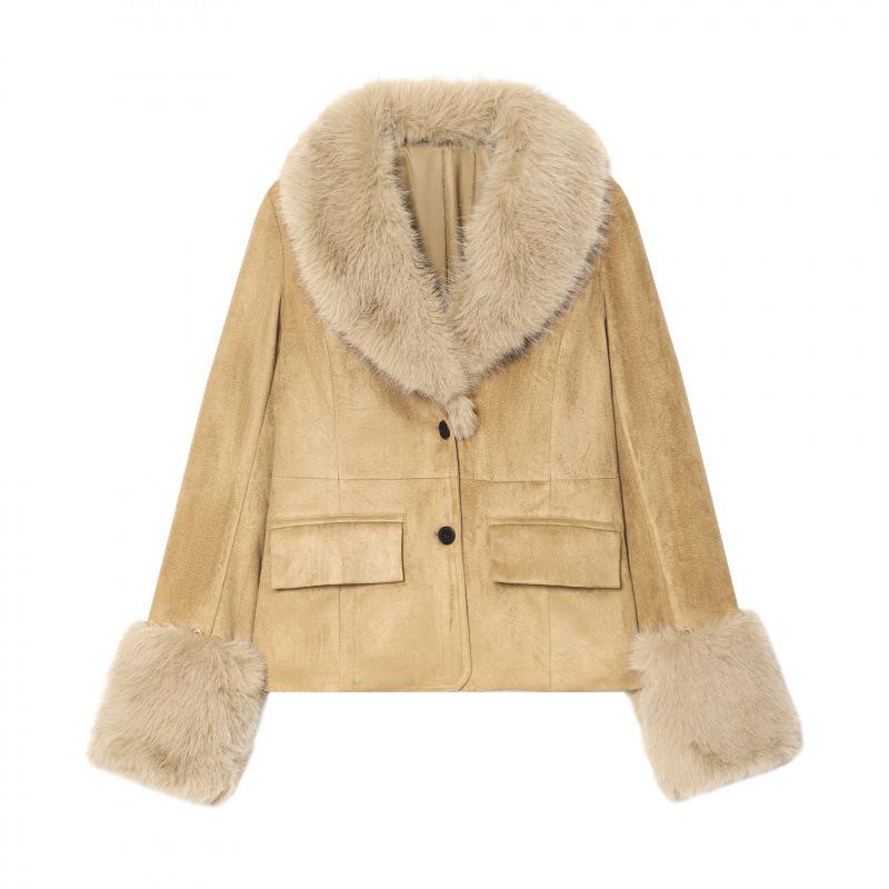 Europe & USA Women s Slim Fit Suede Faux Fur Blazer - Fashionable Casual Wear XS хаки