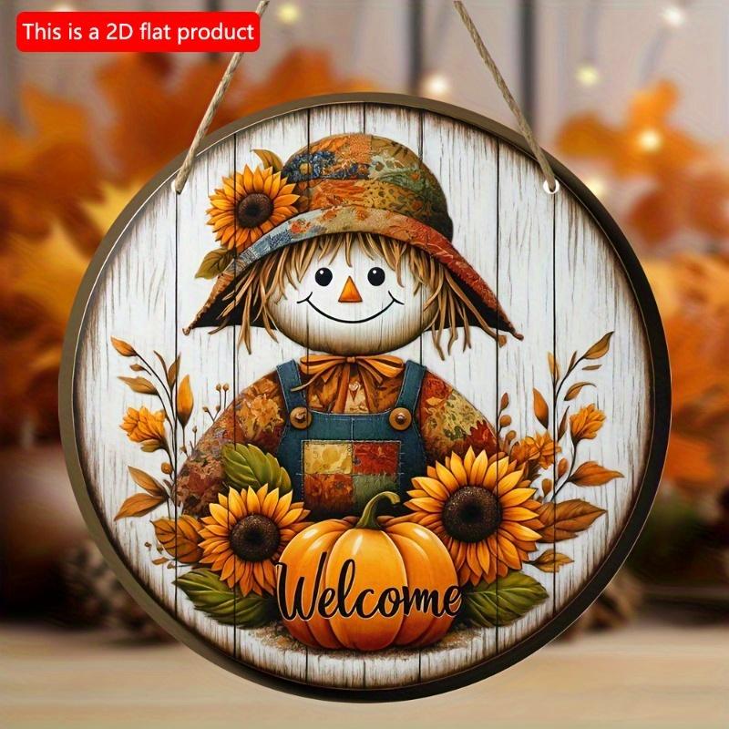 2d Flat 20*20cm, Autumn Home Decoration, Creative Decor Logo, Wooden Round Logo with Autumn Sunflowers, Pumpkins and Scarecrows, Used for Kitchen