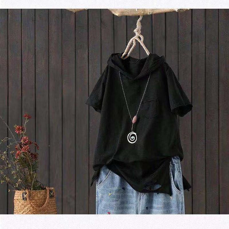 Cotton Hooded T Shirt Women Summer Style Pocket Printing Loose White Short Sleeve Hole Casual Top Y2k