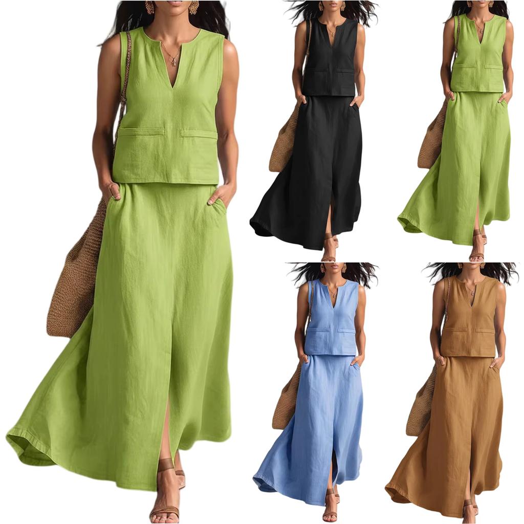 Women's Fashion Color Sleeveless Cotton Linen V-neck Sleeveless Top, Casual Pocket Skirt Two-piece Set