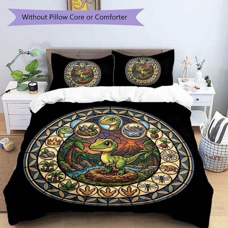 Dinosaur Glass Scene Pattern Bedding,Quilt Set Quilt Cover Pillowcase Home Birthday Gift (1*duvet cover+2*pillowcase,without core)