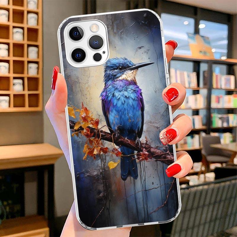 Animal Oil Painting Bird Cover Phone Case For iPhone 16 17 Air 15 14 Pro Max 16E Phone Case 13 Mini 12 11 7 SE 8 Print Pattern F