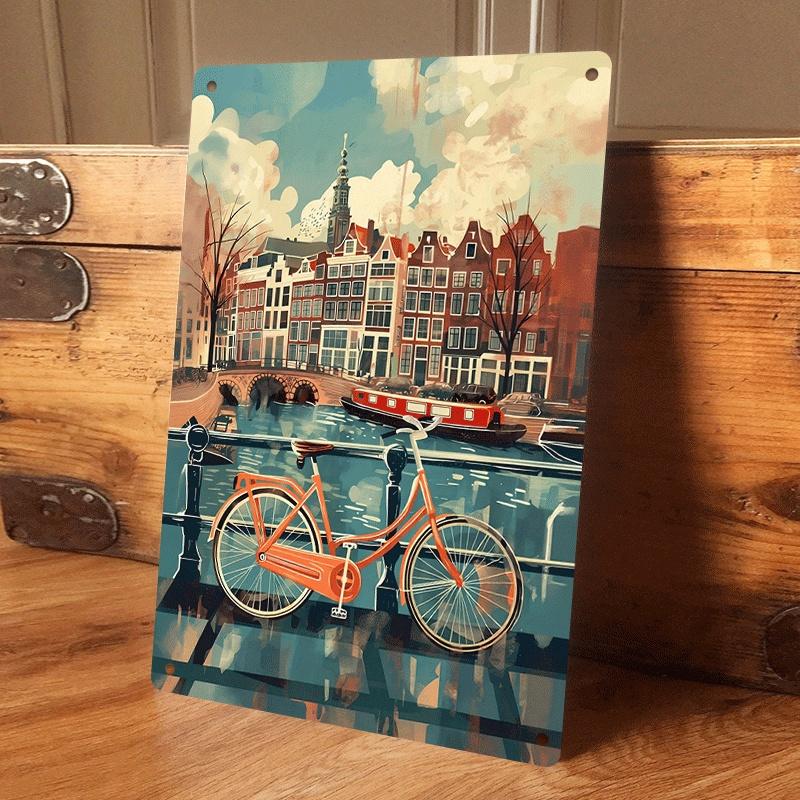 

1 piece: Amsterdam canal landscape tin mural, European retro architectural decorative painting, living room/entrance wall decora (as the picture,20x30cm)