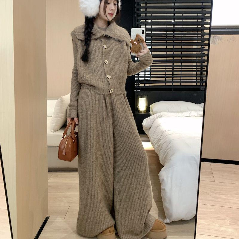 Women's French-Style Sweater Set: Autumn/Winter High-Waist Wide-Leg Pants, Lapel Vest, and Knitwear Three-Piece Set.