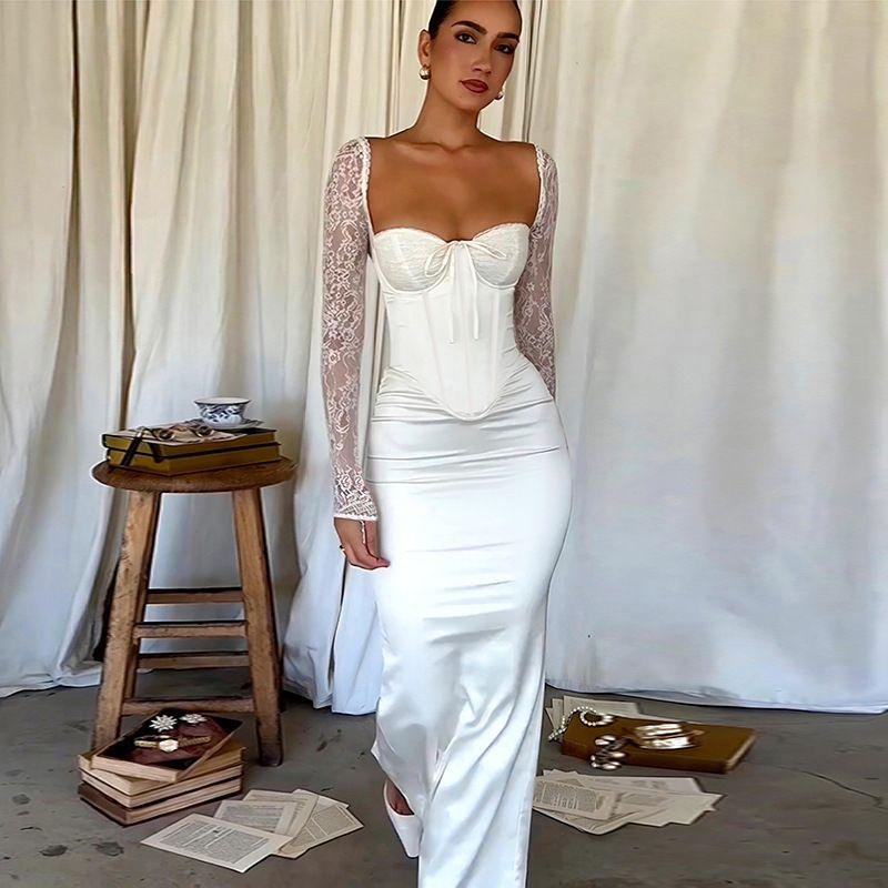 Lace Dress New Type Hip Skirt Fashion Style Sexy White Lace Long Sleeves Silm Elegant Dress Female