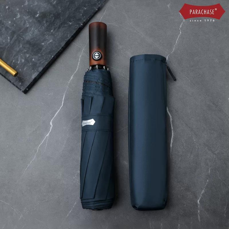 Parachase1.23 M Retro Wooden Handle Oversized Automatic Wind-Resistant Vinyl Sun Protective Double Sunny Umbrella Men's Umbrella