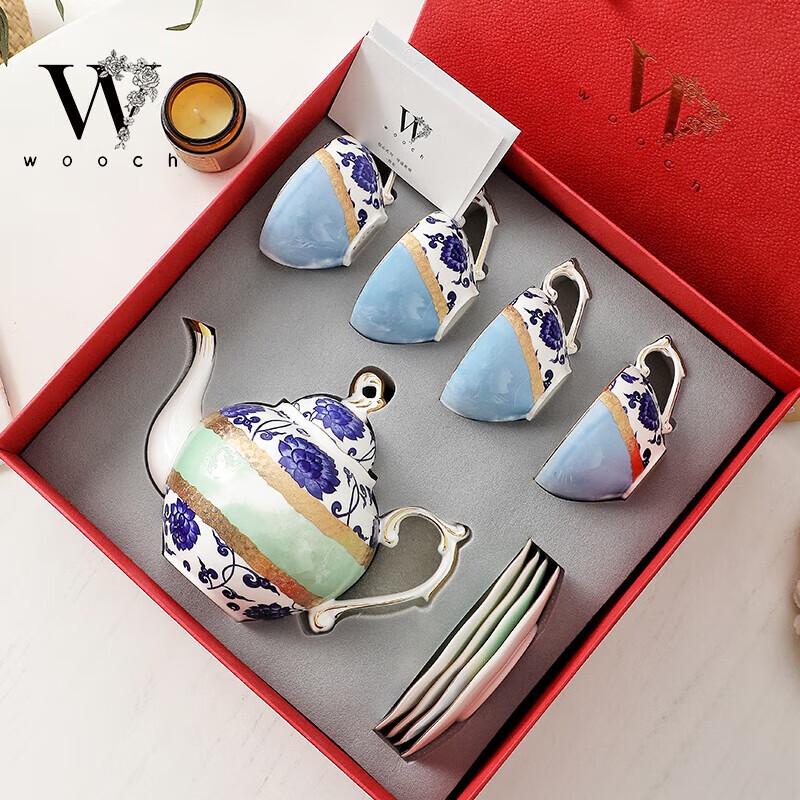 WOOCH Time Синий и Белый Золотой Керамический Чайный Набор Подарочная Коробка (1 горшок, 4 чашки и блюдца)