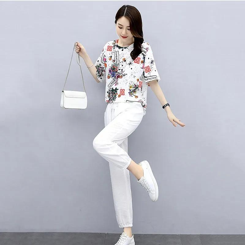 Women's Summer Casual Sports Suit Round Neck Short Sleeve T-shirt + Pants Two-piece Set