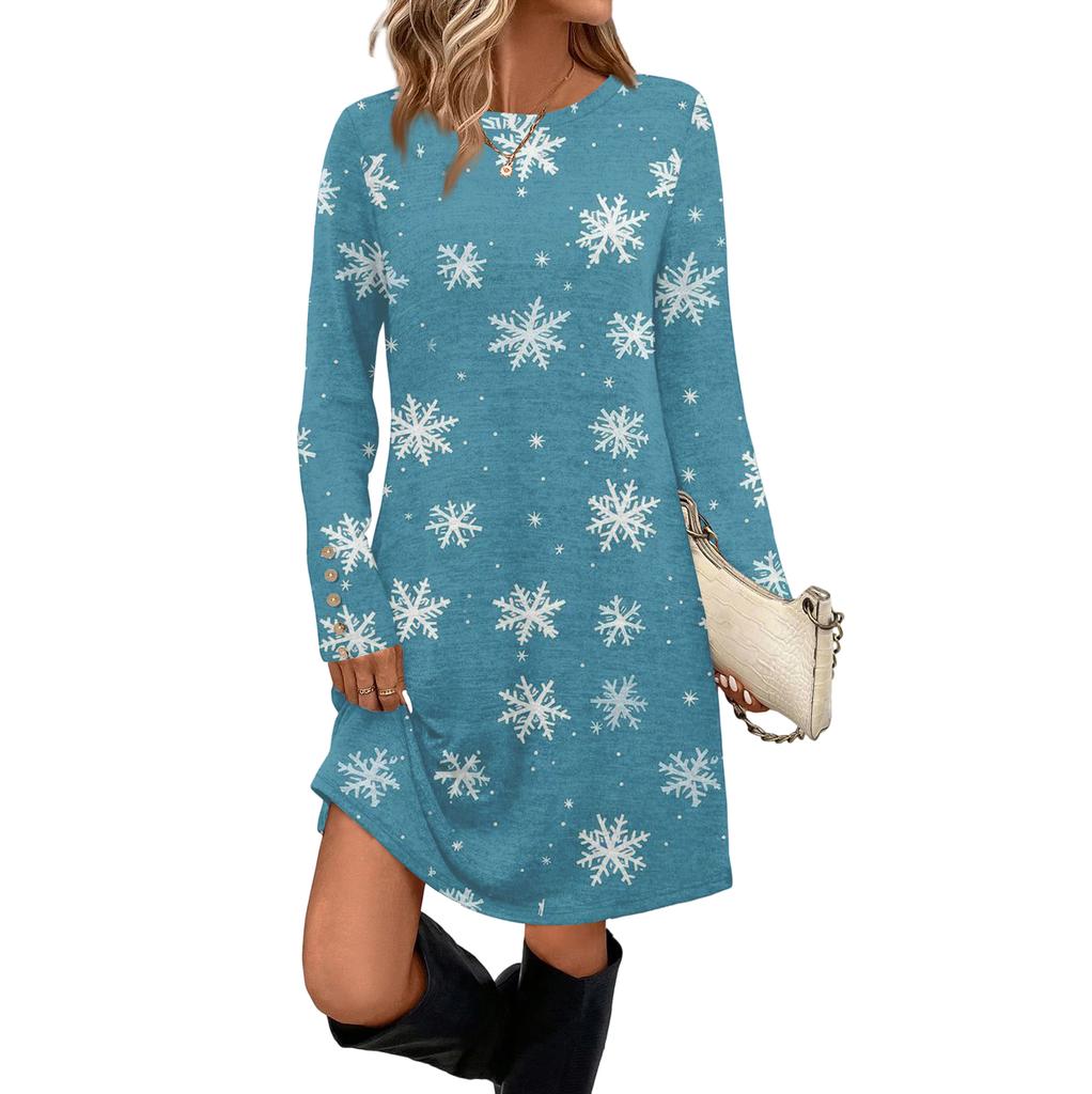 Women's Fashion Casual Dress With Pockets, Decorative Buttons, Christmas Prints, Round Neck And Long Sleeves