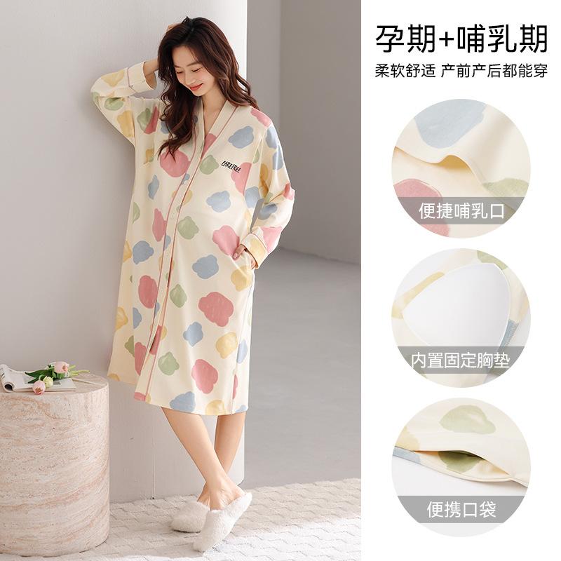Pyjama mit Brustpolstern Damen Frühling und Herbst Baumwolle Langarm Mutterschaftsröcke Wochenbettkleidung Nachgeburt Schwangerschaft Stillen Dünn