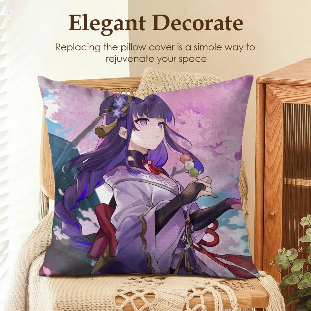 Raiden Shogun Genshin Impact Cushion Cover Natural Linen Organic Fabric DoubleSided Printing Sofa Home Decor Gift Pillow Case