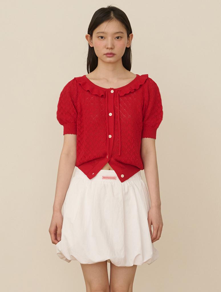 Opening Sunshine Ruffle Collar Crop Knit Cardigan_Red