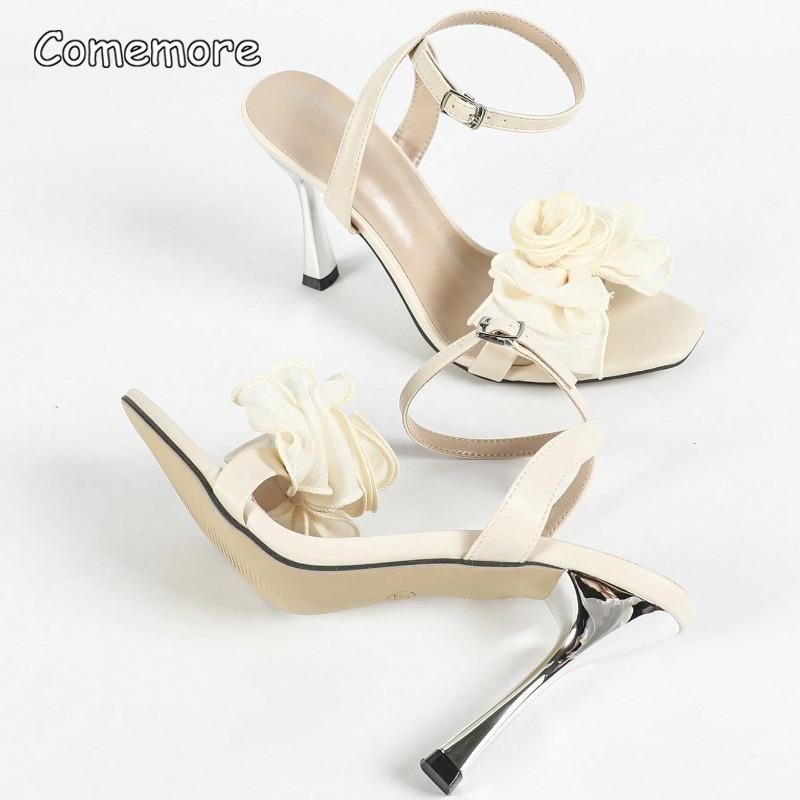 Heels for Ladies Apricot Square Toe Floral Decor Ankle Straps Fashion Sandals Thin High Heeled Party Dress Shoes Elegant Size 35