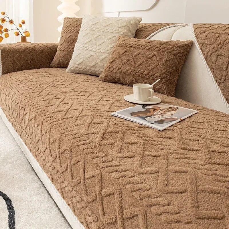 Sofa Protector Home Decor Fleece Sofa Cover for Winter Sofa Seat Slipcovers Solid Color Plush Jacquard Housse Canape Dangle
