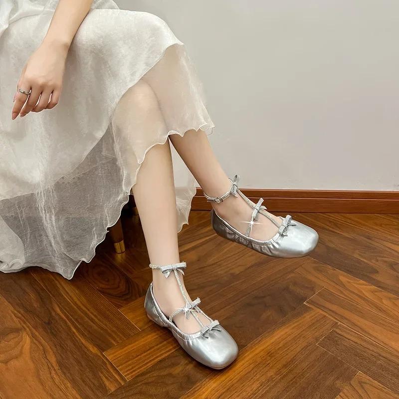 Mode Französisch Vintage Schwerlast Strass Schmetterlingsknoten Slipper Ballerinas mit flachem Boden Damen Mary Jane Schuhe